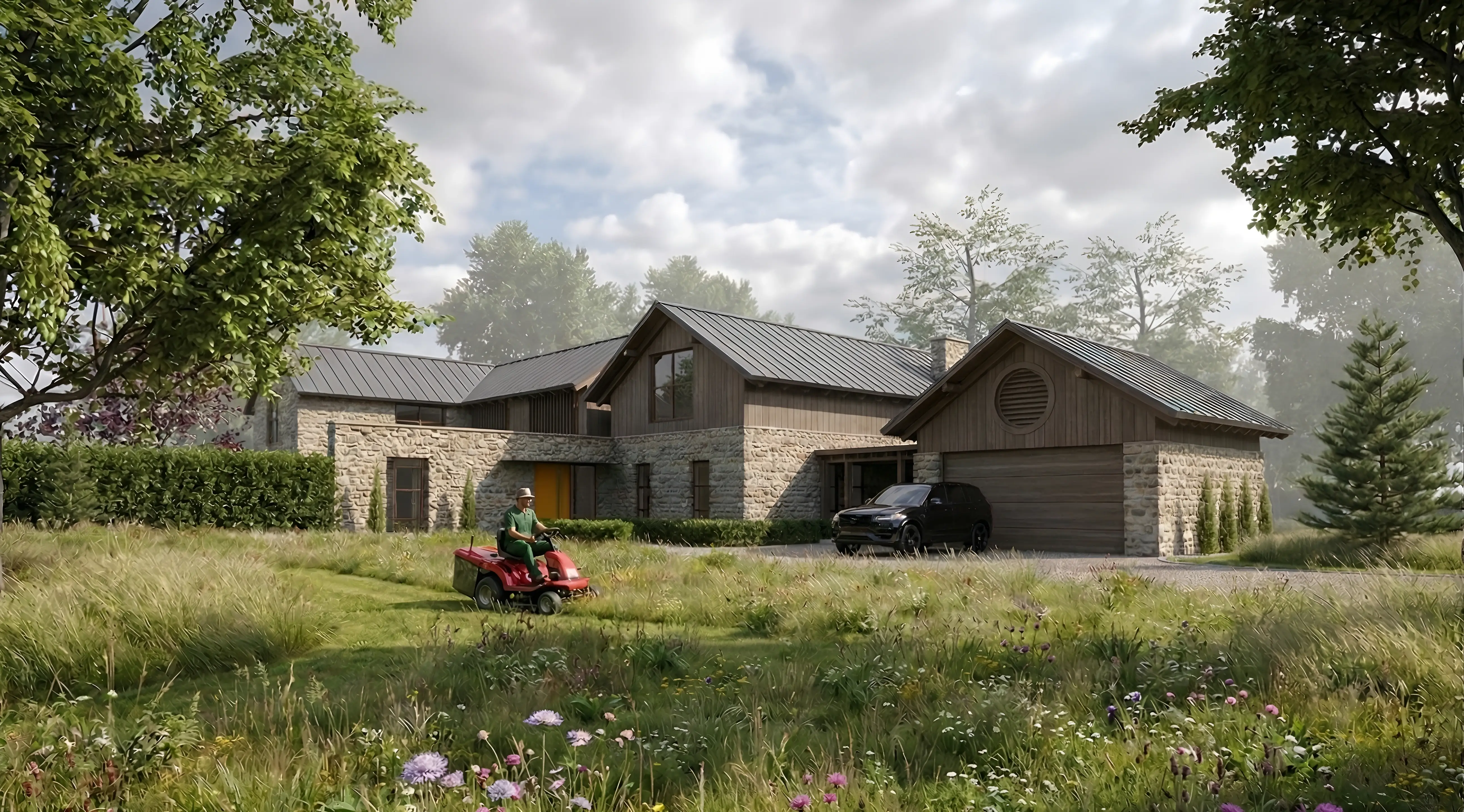 CGI render of Pitt House, a new stone and timber family dwelling at Bembridge, seen across the wildflower meadow CGI render of Pitt House, a new stone and timber family dwelling at Bembridge, seen across the wildflower meadow