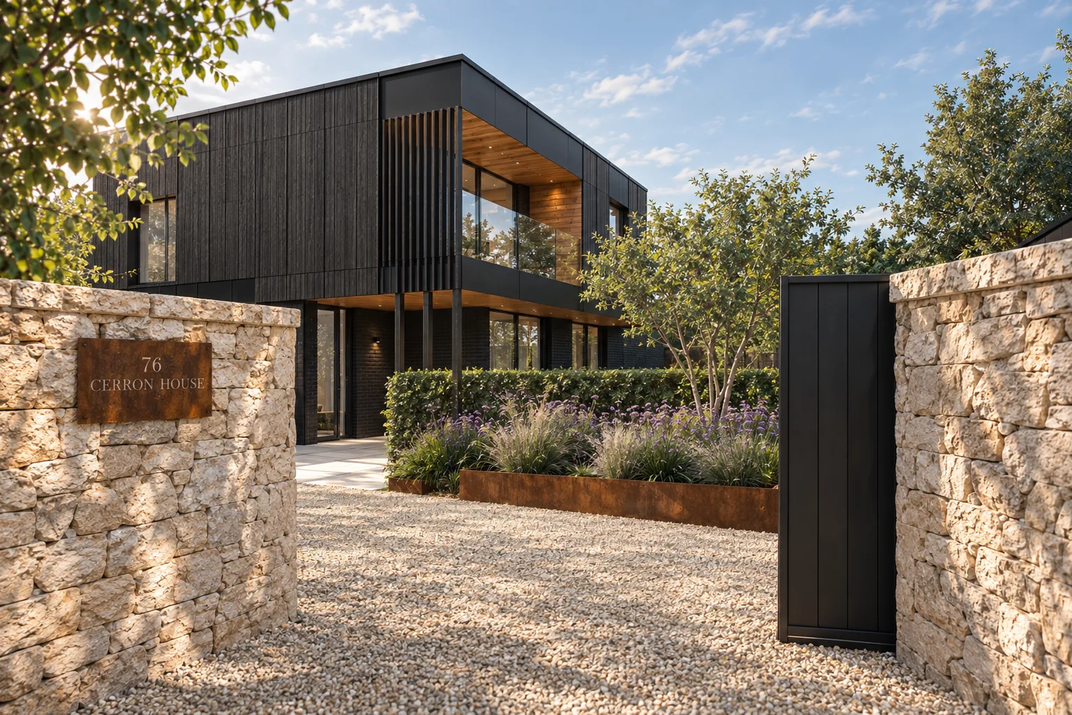 CGI render of the black timber-clad dwelling on Worsley Road, Gurnard, at dusk with the pool terrace lit CGI render of the black timber-clad dwelling on Worsley Road, Gurnard, at dusk with the pool terrace lit
